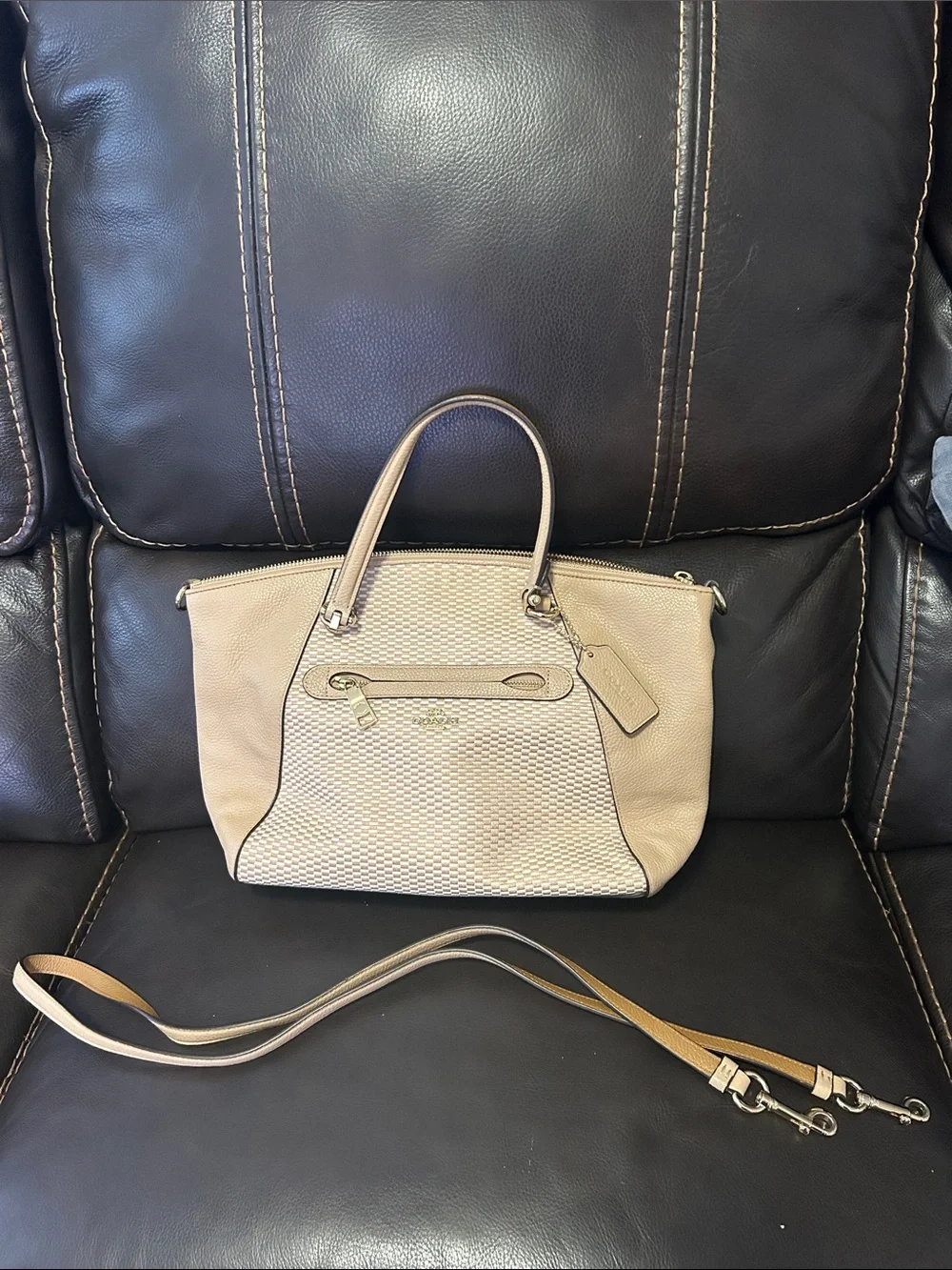 Coach Cream Woven Leather Satchel with Gold Hardware